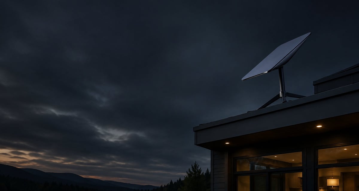 Modern flat-panel satellite internet terminal mounted on the roof edge of a contemporary home at dusk with dark moody sky